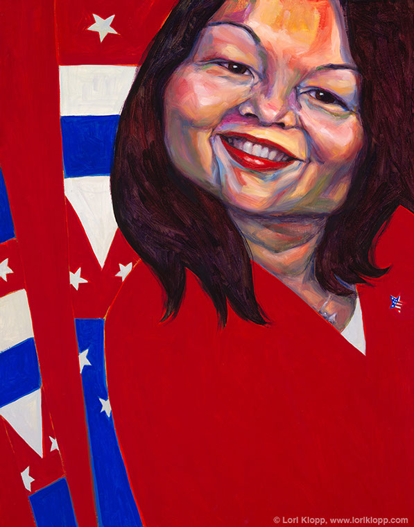Tammy Duckworth portait Portrait of Tammy Duckworth by Lori Klopp. Duckworth smiles with patterns from her prosthetic leg in background.