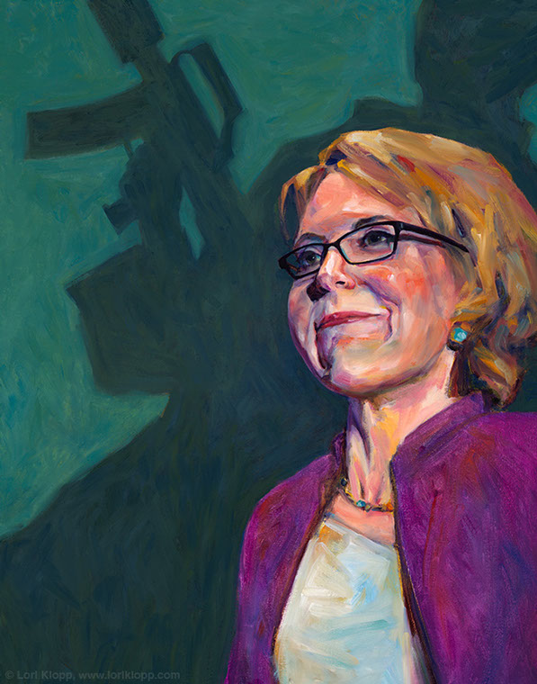 Gabrielle Giffords portrait Portrait of Gabrielle Giffords by Lori Klopp. Giffords sizes up her nemesis, the NRA, the giant casting a shadow.