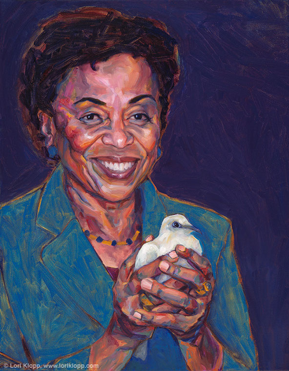 Barbara Lee portrait Portrait of Barbara Lee by Lori Klopp. Representative Lee holds a white dove in her hands.