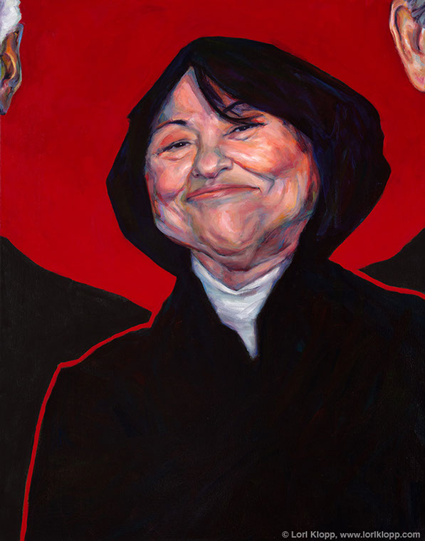 Sonia Sotomayor portrait Portrait of Sonia Sotomayor by Lori Klopp. Flanked by Justices Thomas and Breyer, Sotomayor smiles at the viewer.